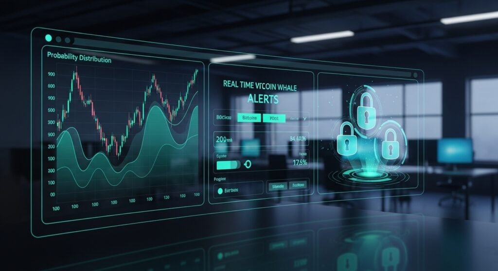 고도의 확률 계산과 비트코인 고래 알람이 연동된 실시간 분석 대시보드 화면