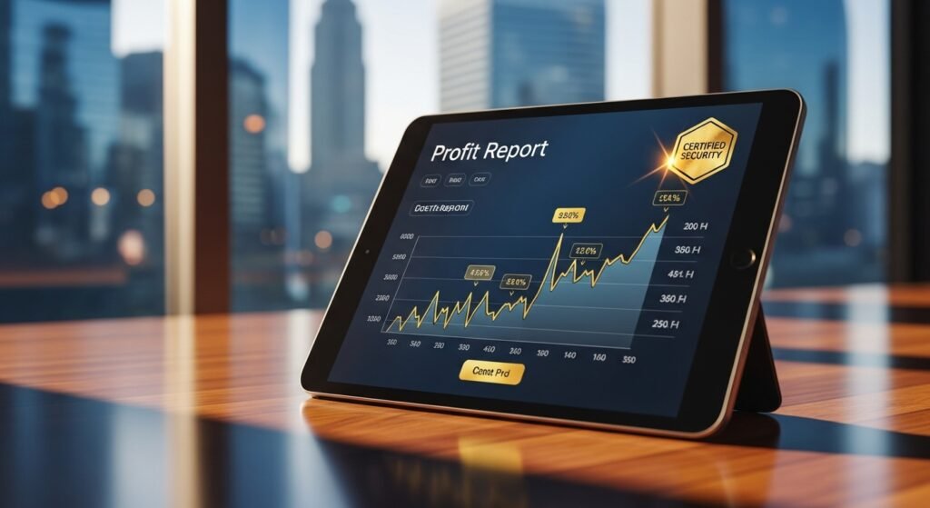 데이터 무결성 검증이 완료된 보안 인증서와 성공적인 수익 그래프가 표시된 태블릿