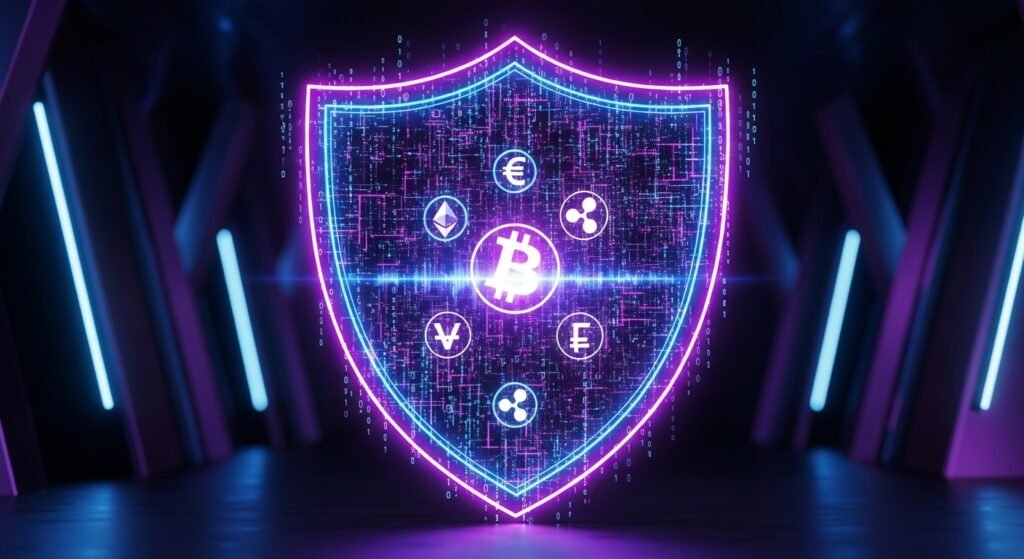 디지털 자산을 보호하는 강력한 암호화 네트워크와 사이버 보안 방패 이미지