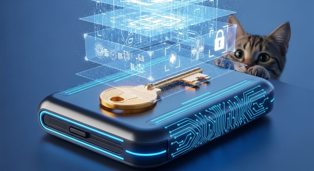 개인키 통제권과 보안을 상징하는 비수탁형 지갑의 디지털 자물쇠 이미지