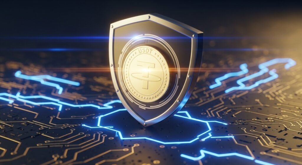 테더 코인 심볼과 강력한 디지털 보안 실드가 결합된 금융 보안 이미지