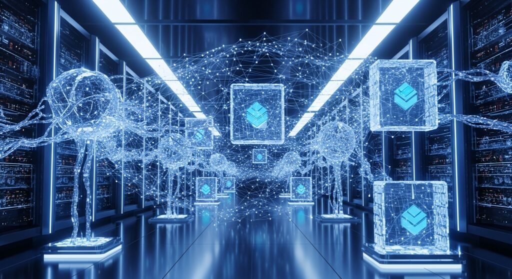 블록체인 네트워크 내에서 상호작용하는 AI 에이전트와 디지털 자산 시각화